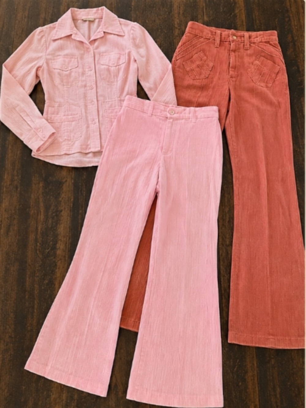 Vintage 70s 3 Piece Pink Rust Flare Pants Suit Set